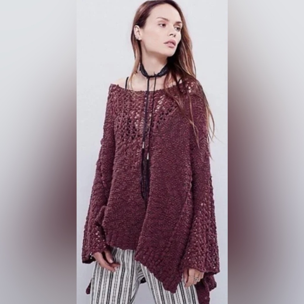 Free People Pretty‎ Pointelle Open-Knit Vee Sweater in Rose Glow Size Medium